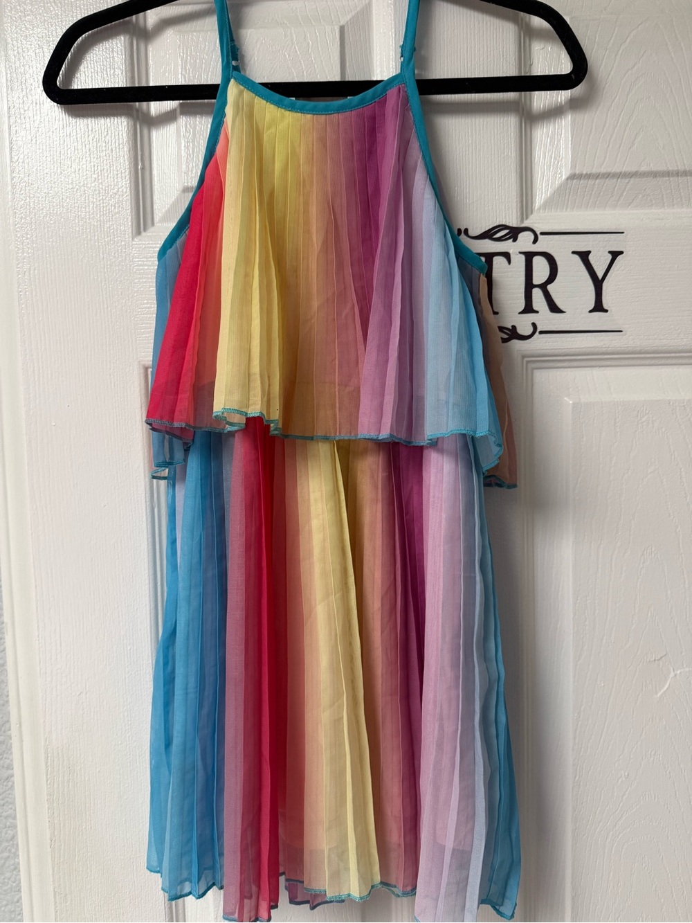 Hannah Banana Girls Rainbow Pleated Layered Dress with Teal Straps